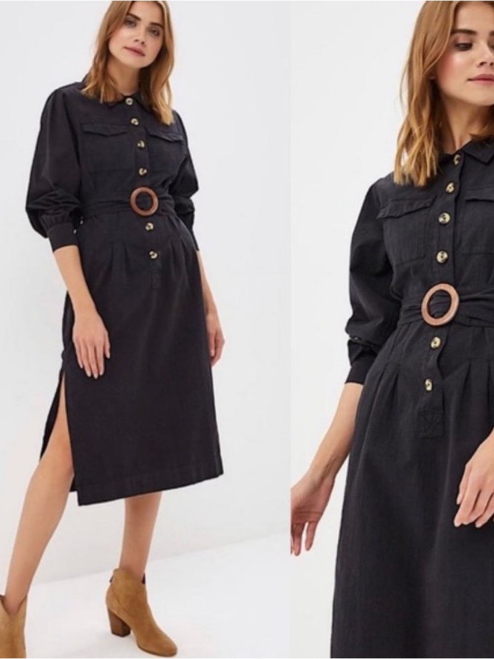 Free People Black Button-Front Midi Shirt Dress